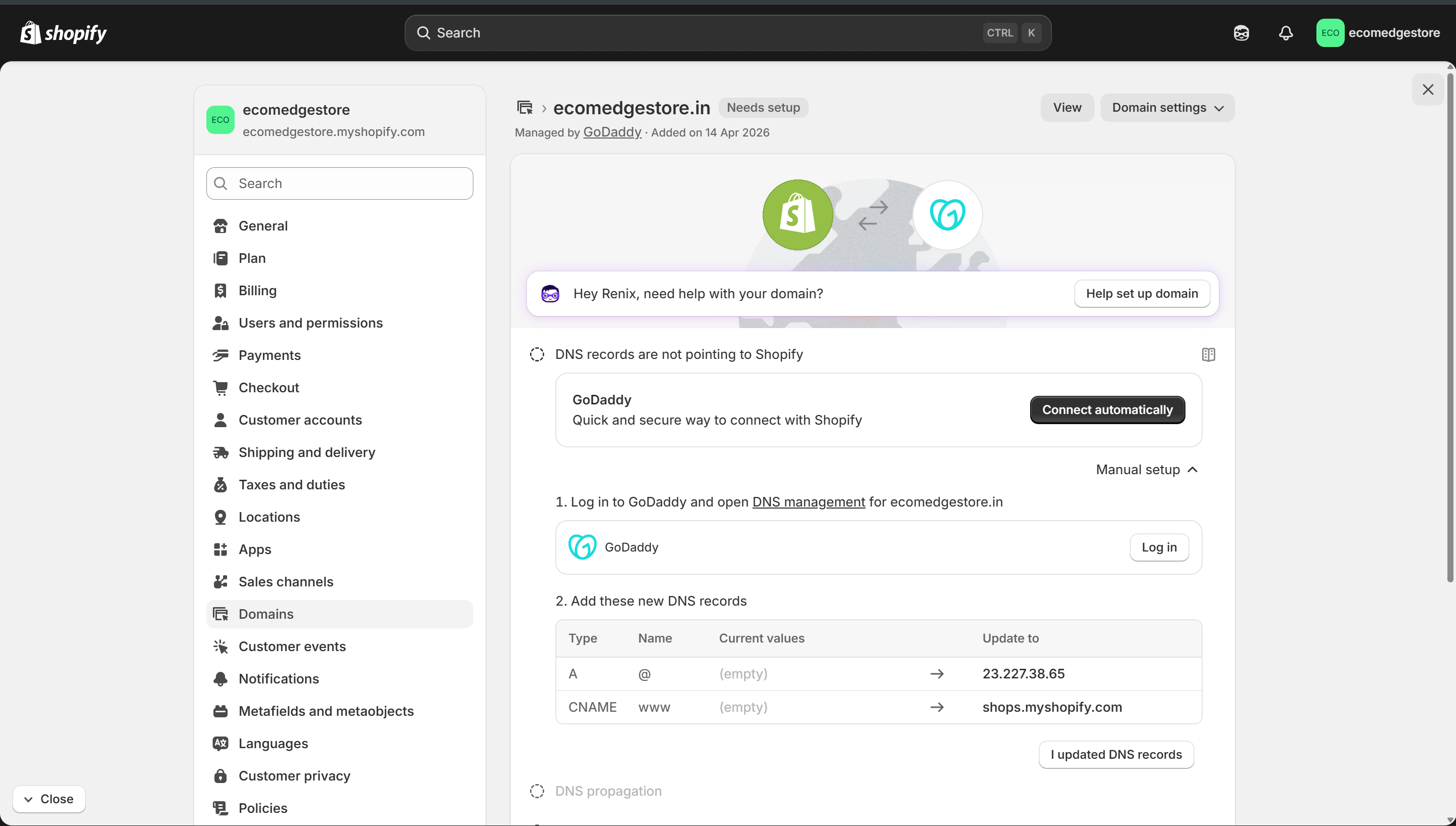 Shopify manual setup — two DNS records to copy